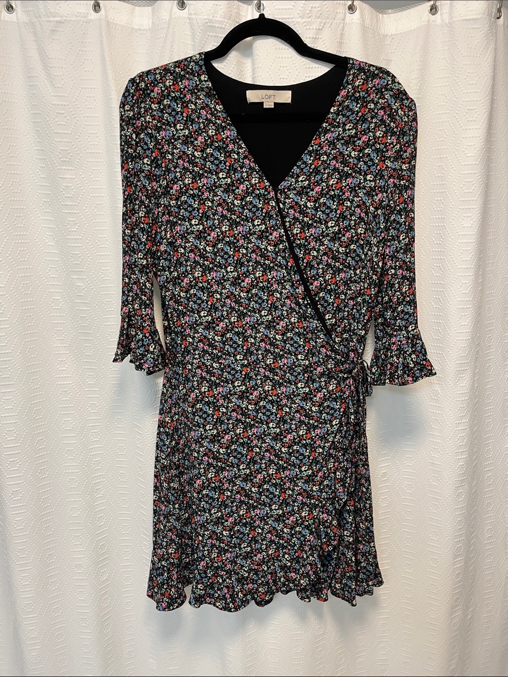 LOFT Black Floral Wrap Dress romper with Pink and  Blue Ditsy Print